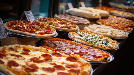 An inviting display of various freshly baked pizzas showcases a range of toppings and flavors, perfect for any meal or gathering.の素材