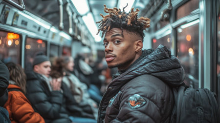 A young man with an eye-catching hairstyle sits on a city bus, reflecting the vibrant urban atmosphere during twilight. The scene captures a moment of solitude among commuters.の素材