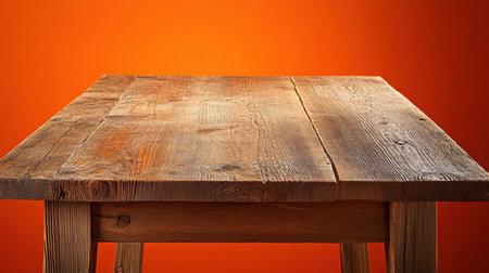 A rustic wooden table displaying rich textures against a vibrant orange background. Ideal for creative projects, interior designs, and artistic presentations.の素材