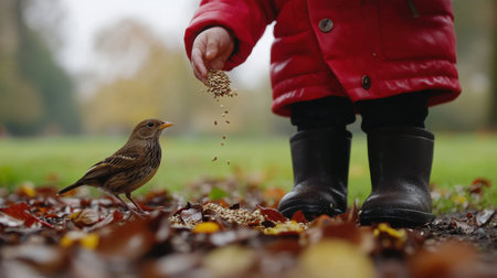 A young child in a red jacket feeds seeds to a bird in a park covered with autumn leaves. The scene captures the joy of nature interactions.の素材