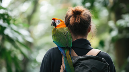 A woman enjoys a close encounter with a vibrant parrot perched on her backpack in a lush green environment, showcasing a connection with nature.の素材