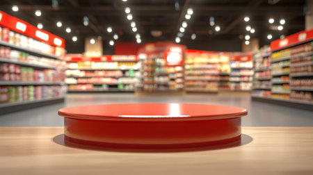 A vibrant and modern grocery store interior showcasing an empty red display stand. The blurred background highlights organized shelves filled with products, creating a shopper-friendly atmosphere.の素材