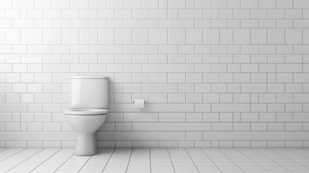 A bright and clean minimalist bathroom featuring a modern toilet against a white subway tile wall, ideal for interior design inspiration and renovation ideas.の素材