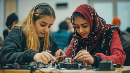 Two young girls are focused on assembling robotics components in a classroom setting. They demonstrate teamwork and engagement in a creative educational activity.の素材