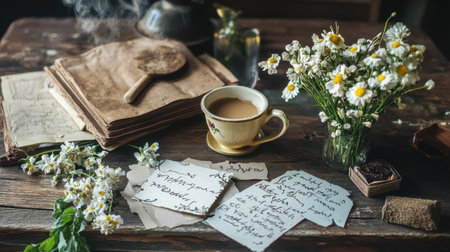 A warm and inviting coffee scene featuring a cup of coffee, vintage notes, herbs, and delicate flowers on a rustic wooden table, perfect for relaxation and inspiration.の素材