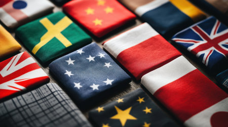 A vibrant collection of fabric flags showcasing various countries, symbolizing cultural diversity and unity among nations. Perfect for international themes.の素材