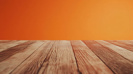 Wooden surface on orange background, versatile and clean design for product advertising or promotional visuals.の素材
