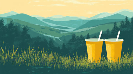 Two refreshing beverage cups placed on lush grass, framed by stunning mountain scenery under a warm summer glow. Ideal for nature lovers and outdoor enthusiasts.の素材