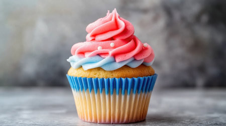This colorful cupcake showcases delicious pink and blue frosting topped with decorative sprinkles. Ideal for celebrations and dessert photography.の素材