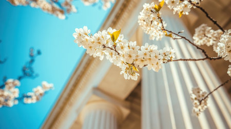 A close-up view of delicate cherry blossoms in full bloom, framed against classical columns. This serene spring scene conveys beauty and tranquility.の素材