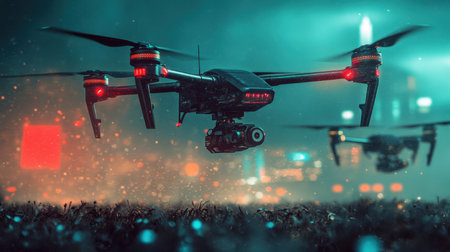An advanced drone hovers in a vibrant nighttime urban landscape, illuminated by colorful lights, symbolizing innovation and modern technology in aerial photography.の素材