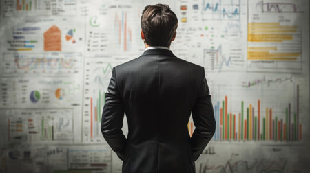 A businessman stands confidently in a modern office, analyzing various charts and data visualizations on the wall. The image captures a moment of strategic thinking and data-driven decision-making.の素材