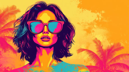Vibrant pop art-style summer background with a stylish woman in bold shades and palm treesの素材