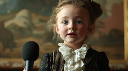 A charming portrait of a young girl holding a microphone in a vintage interior. Her thoughtful expression captures the essence of childhood and creativity.の素材