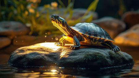 A tranquil scene featuring a turtle resting on a rock illuminated by sunlight. The calm water reflects the serene environment, showcasing nature's beauty and intricate details.の素材