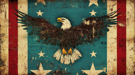 A striking illustration of a majestic eagle set against a vintage flag background, showcasing American symbolism and heritage with rich textures and colors.の素材