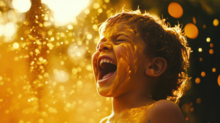 A delightful image of a joyful child laughing and playing in a vibrant golden light, surrounded by sunlight and a playful atmosphere. Perfect capture of childhood bliss.の素材