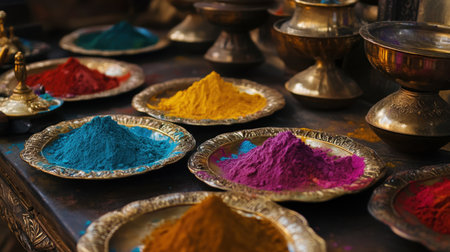 A stunning arrangement of vibrant colored powders in decorative bowls resting on a wooden table, showcasing a rich cultural tradition, perfect for festivals.の素材