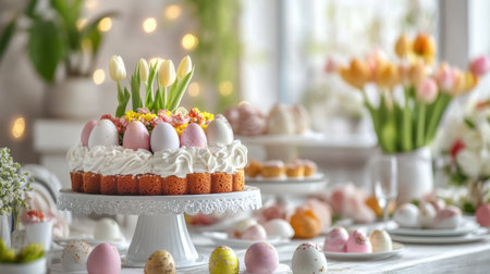 A beautifully arranged Easter cake features vibrant tulips and colorful eggs. This festive dessert captures the essence of spring, perfect for celebrations.の素材