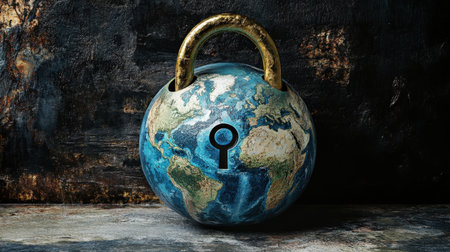 An artistic representation of a globe secured with a lock, symbolizing global security and protection of data and privacy. Perfect for illustrating digital safety concepts.の素材
