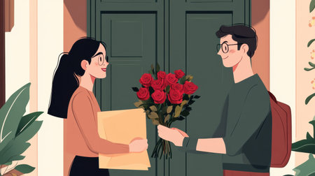 A delightful scene of a woman receiving a bouquet of roses from a man at her door, capturing a moment of joy and connection in a cozy indoor setting.の素材