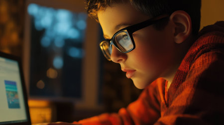 A focused young boy wearing glasses engages with his computer in a dimly lit environment. The glow from the screen highlights his concentration as he navigates online.の素材