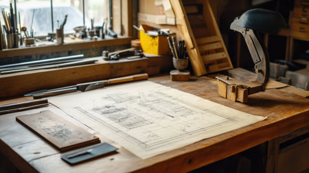 A vintage workshop table features a detailed blueprint alongside various crafting tools, showcasing a creative workspace filled with inspiration and craftsmanship.の素材