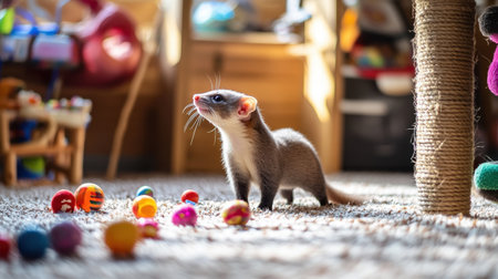A curious ferret explores a cozy room scattered with colorful toys. The soft light creates a warm ambiance, capturing the playful spirit of this small pet.の素材