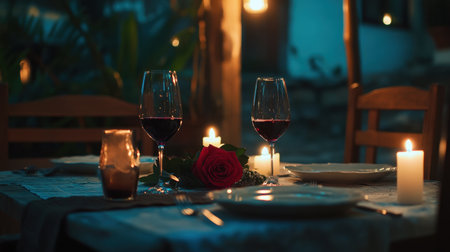A beautifully arranged dinner table featuring candlelight, wine glasses, and a red rose, creating a romantic and intimate atmosphere for a special evening.の素材