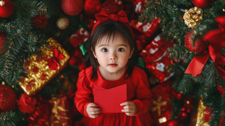 A young girl in a vibrant red dress holds a holiday card in front of a beautifully decorated Christmas tree, exuding joy and festive spirit.の素材