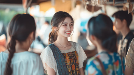 A young woman beams with joy while engaging in conversation at an outdoor market, surrounded by friends. The vibrant setting exudes a lively and friendly atmosphere.の素材