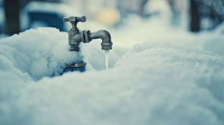 This image features a water faucet partially buried in thick snow, representing the contrast between winter elements and indoor comforts.の素材