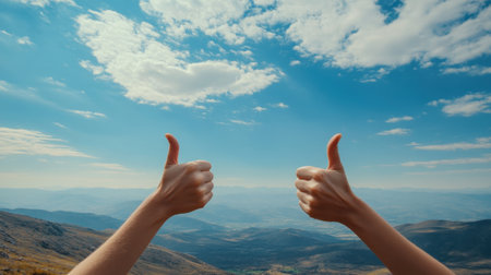 Two hands with thumbs up gesture stand out against a breathtaking mountainous landscape under a bright blue sky, symbolizing positivity and adventure.の素材
