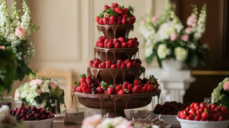 A stunning chocolate fountain surrounded by fresh strawberries and elegant floral arrangements, creating a lavish display for any celebration or event.の素材
