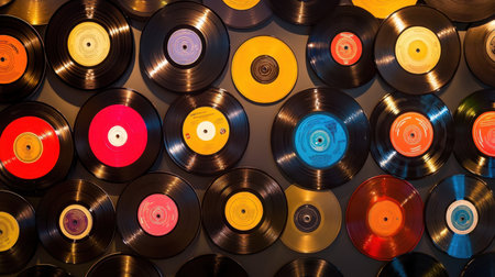 A stunning display of colorful vinyl records mounted on a wall, creating a retro vibe. Perfect for music lovers and vintage decor enthusiasts.の素材