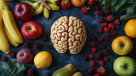 An imaginative depiction of a brain surrounded by an array of fresh fruits, symbolizing health, nutrition, and creativity. Perfect for wellness themes.の素材