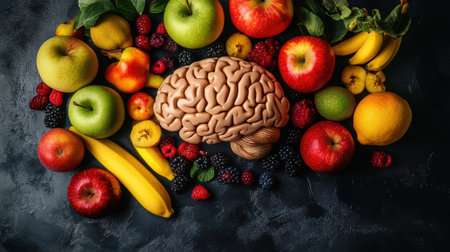 An artistic representation featuring a brain surrounded by vibrant fresh fruits. This creative image emphasizes the connection between nutrition and mental well-being.の素材
