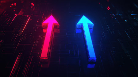 Vibrant red and blue arrow symbols point upwards against a digital background, illustrating concepts of growth and direction in a modern, abstract style.の素材