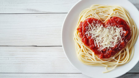 This delightful heart-shaped pasta dish features spaghetti topped with rich red sauce and grated cheese, perfect for a romantic meal or special occasion.の素材