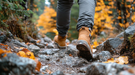 A person steps confidently on a rocky trail, surrounded by stunning autumn foliage. This vibrant landscape showcases the beauty of nature during a peaceful hike.の素材
