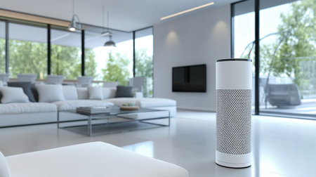 A bright and modern living room featuring an air purifier, enhancing indoor air quality and promoting a tranquil atmosphere with stylish decor and ample natural light.の素材