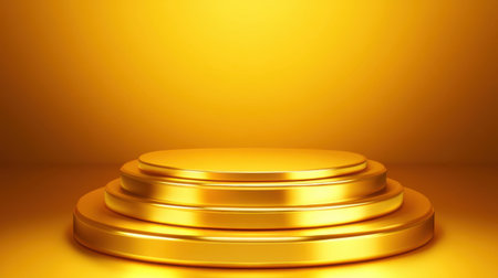 This image features a shimmering golden podium with a soft glowing background, perfect for showcasing awards, products, or special achievements in an elegant manner.の素材