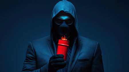 A mysterious figure in a dark suit and sunglasses holds an explosive device, creating a tense atmosphere. Shadows enhance the danger and intrigue.の素材