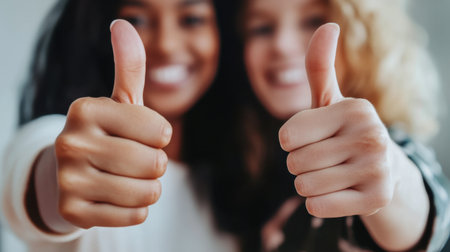 Two women giving thumbs up, captured in a close-up portrait with a bright white background, symbolizing friendship and happinessの素材