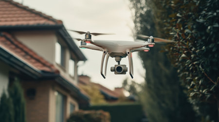 A flying drone equipped with a camera captures stunning aerial views over a picturesque residential area, showcasing advanced technology and outdoor adventure.の素材