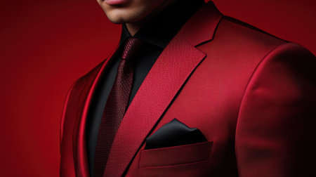 A fashionable man showcases a striking red suit against a vibrant red background, emphasizing elegance and sophistication in modern attire. Perfect for luxury fashion themes.の素材