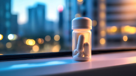 A glass bottle of white pills rests on a window sill, illuminated by evening light. The blurred cityscape creates a tranquil and modern atmosphere, ideal for health-related themes.の素材