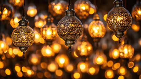 A collection of ornate lanterns hanging gracefully, emitting a soft glow. The intricate patterns create a warm atmosphere perfect for enhancing any space.の素材
