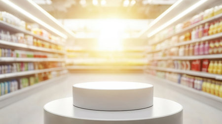 A bright display podium stands in a grocery store aisle, surrounded by shelves filled with products. The image radiates minimalism and modern appeal, perfect for marketing and presentation needs.の素材