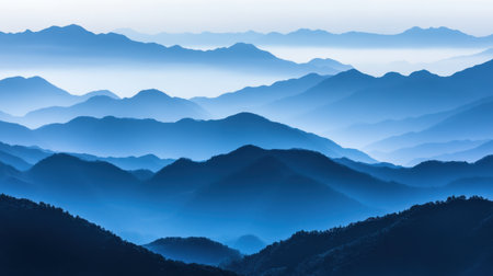 A breathtaking view of layered blue mountains shrouded in gentle fog, creating a serene and tranquil atmosphere perfect for nature lovers and outdoor enthusiasts.の素材